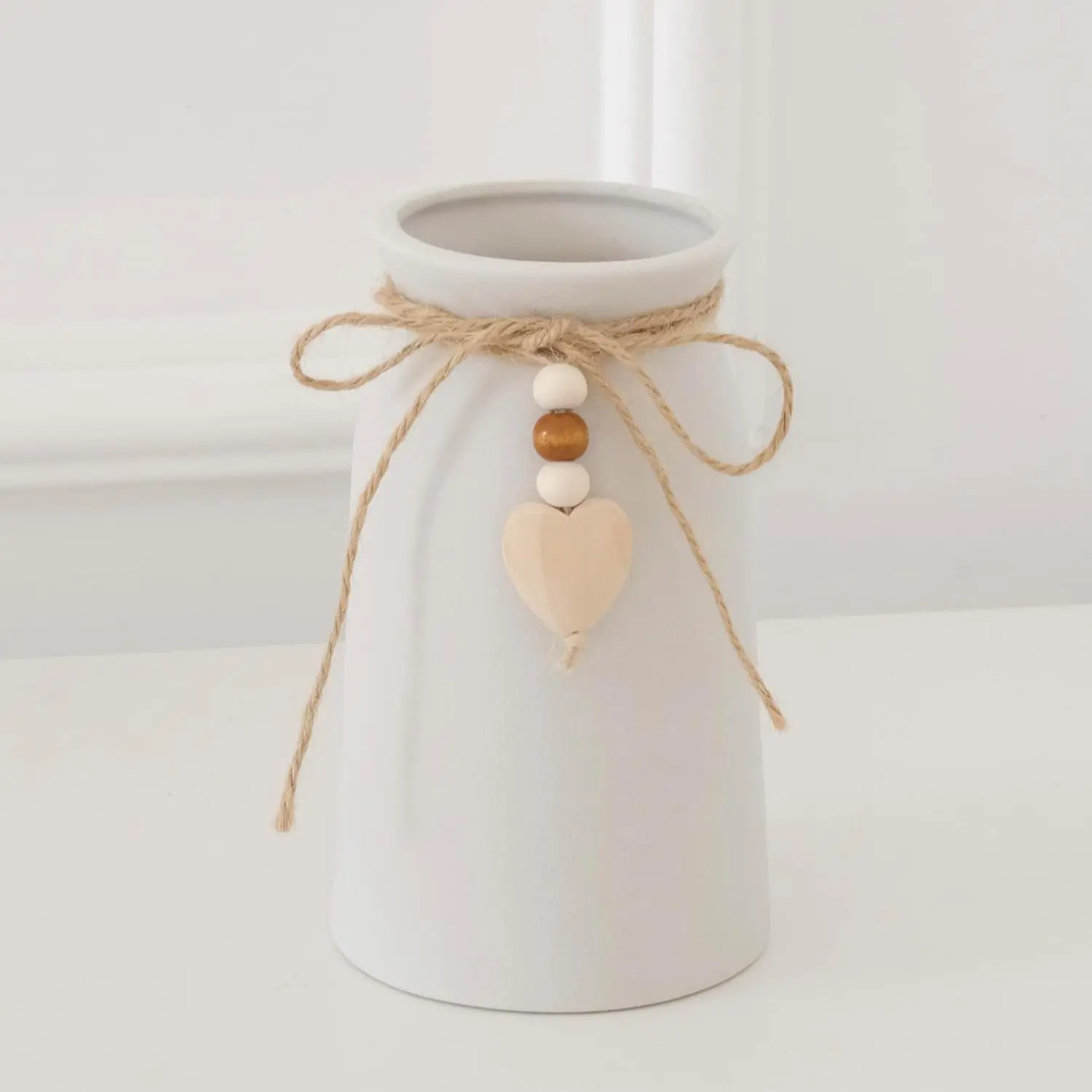 Charming 6-Inch Ceramic Vase | Jute Rope & Heart Charm Vase for Bohemian Farmhouse & Boho Decor, White Color