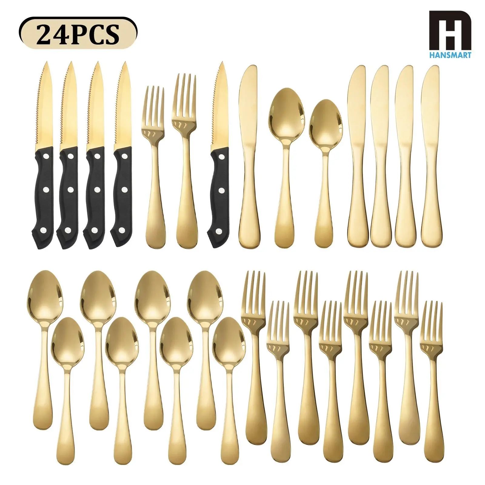KOOMADE Gold-Tone Stainless Steel Flatware Set, 24-Piece for 4 with Steak Knives, Elegant Dinner Utensils, Gold-Tone Dinner Sets for Restaurant, Wedding Use