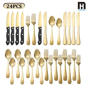 24-Pieces Gold Silverware Set for 4 with Stainless Steel Flatware, elegant tableware, Dinner Utensils, Dinnerware Cutlery, Steak Knives & Restaurant Wedding