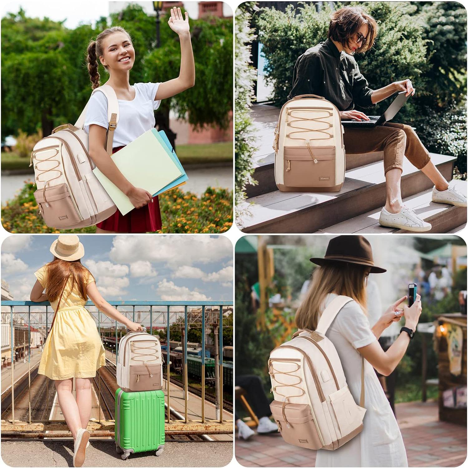 Momuvo 15 Inch Color Block Laptop Backpack for Women & Teens, Large Capacity Backpack with Bungee Cord & Multi-compartments, Water Resistant School Backpack for College Students, Daily Commute, Travel & Office