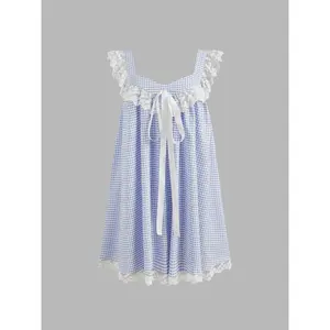 Cider Square Neck Flowy Babydoll Dress with Gingham Lace Trim & Knotted Waist, Spring-Summer Cute Loose A-Line Sleeveless Mini Dresses for Women