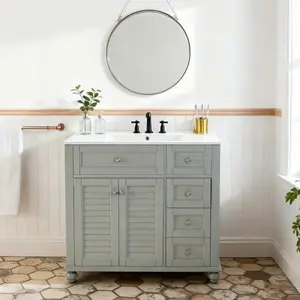 36 Inch Blue Gray Bathroom Vanity with White Ceramic Sink Louvered Cabinet Doors Soft Close Drawers and Hinges Solid Wood Frame Cottage Style Freestanding Vanity Unit with Adjustable Shelf Storage