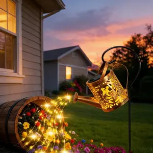 Outdoor Solar Metal Watering Can Light, Garden Lawn Courtyard Decor, Watering Can Waterfall Effect Lamp, Gardening Gift Festival Decoration Lamp