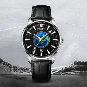 3D Earth Globe Center Dial Automatic Mechanical Watch for Men Week Marker Bezel Single Window Date Display Vertical Strip Textured Dial Crocodile Grain Leather Strap High Precision Waterproof Business Luxury Timepiece Gentleman Globe Theme Gift Watch