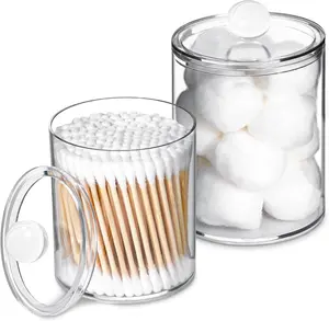2 Pack Clear Bathroom Storage Jars with Lids, Cotton Swab Holder Organizer Set for Q Tips, Cotton Balls, Pads, Floss Picks, Plastic Vanity Canisters 10-12oz