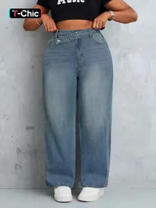 Women's Plus Size High Waist Denim Jeans, Cowboy cut jean, Bottom, Soft Loose Fit Design, Casual Fashion Pants for All Seasons, Comfortable Daily Wear Womenswear