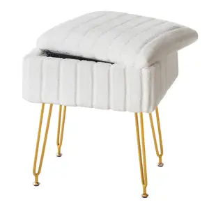 Vanity Stool with Storage – Soft Ottoman Seat, Padded Makeup Footstool with 4 Adjustable Legs for Living Room, Bedroom, Pink, White