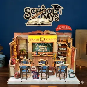 DIY 3D Wooden Book Nook Kit - Vintage Classroom Miniature Bookshelf Insert with LED Light, Nostalgic School Days Home Decor Craft Collectible for Adults