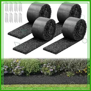 Recycled Rubber Mulch Mat Roll 4 Pack, 120x4.5 in Weed Barrier Garden Edging with Stakes, Durable Landscaping Border