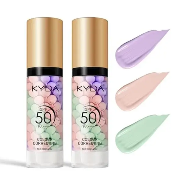 KYDA 2PCS 3 in 1 Color Correcting Primer,SPF Makeup 50 PA+++,Color Correcting Serum, Moisturizing Makeup Sunscreen Primer Face, One Step Makeup Primer, Oil Control Skin Corrector,Purple Pink Green