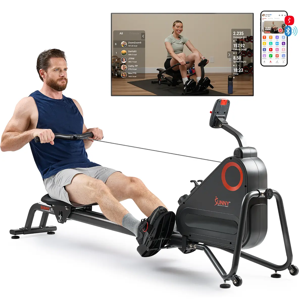 Sunny Health & Fitness Premium Smart Magnetic Rowing Machine Ultra Quiet Dual Slide Rail Compact Foldable Space Saving 300 LB Max User Weight Home Workout Gym Fitness Exercise