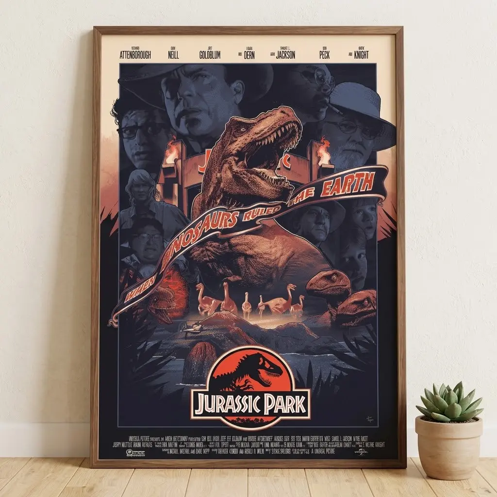 Jurassic Park Poster, Dinosaur Movie Wall Art, Vintage Adventure Film Print, T-Rex Theme Room Decor, Sci-Fi Fan Poster, No Frame