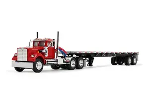 White Western Star 4900 Day Cab w/ 48' Utility Flatbed Trailer - Viper Red Diecast 1:64 Scale Model - DCP 60-2093