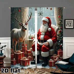 2D Flat 2Pcs Christmas Santa Claus and Reindeer Window Curtains, Holiday Themed Pole Pocket Style, Semi Sunshade Polyester Fabric, Winter Snow Scene Decor, Suitable for Living Room Bedroom Kitchen Home Decoration, Easy to Clean