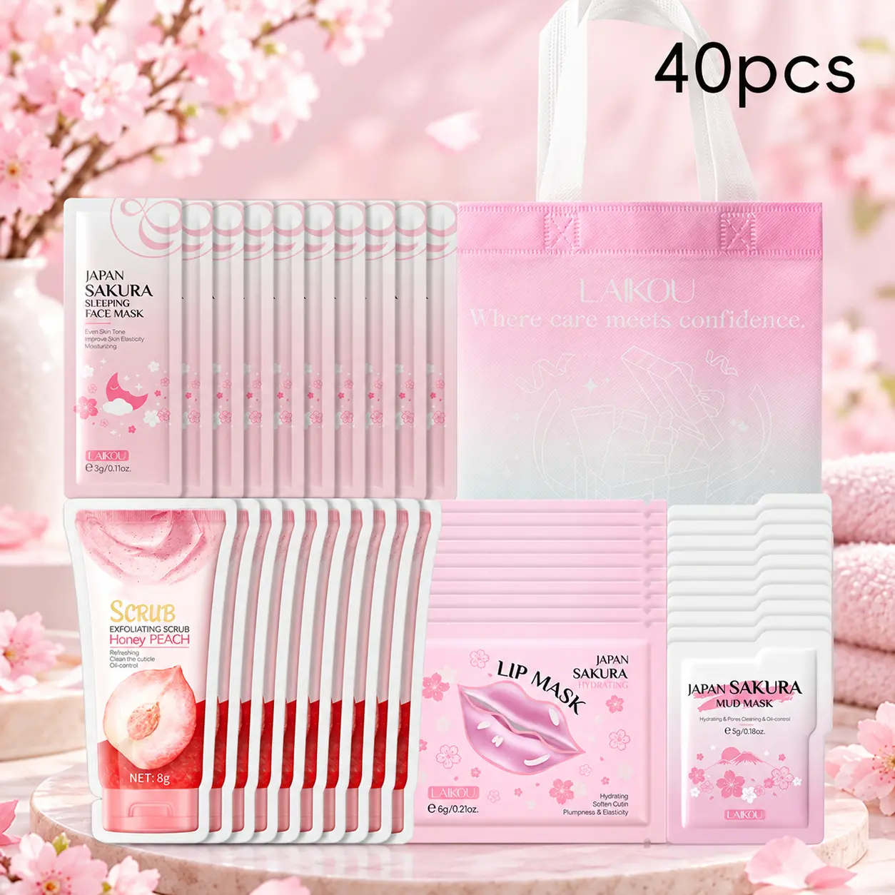 Women's Sakura Face Care Kit - 40pcs Set with Hydrating Lip Mask, Mud Mask, Nighttime Nourishers, Scrub, Hydrate & Boost Moisture for Deep Hydration Skincare Products