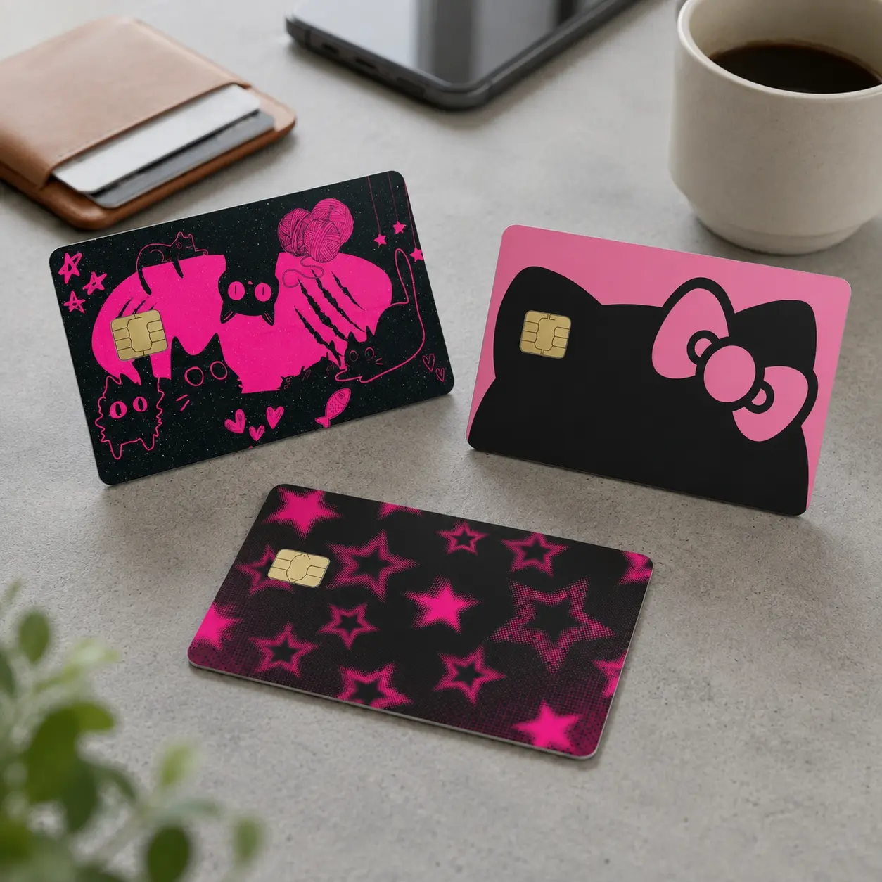 Y2K Hot Pink Star Pattern Credit Card Cover Skin, Trendy Alt Aesthetic Bank Debit Card Sticker, Cool Emo Grunge Tap to Pay Metro Card Decal with Custom Chip Hole