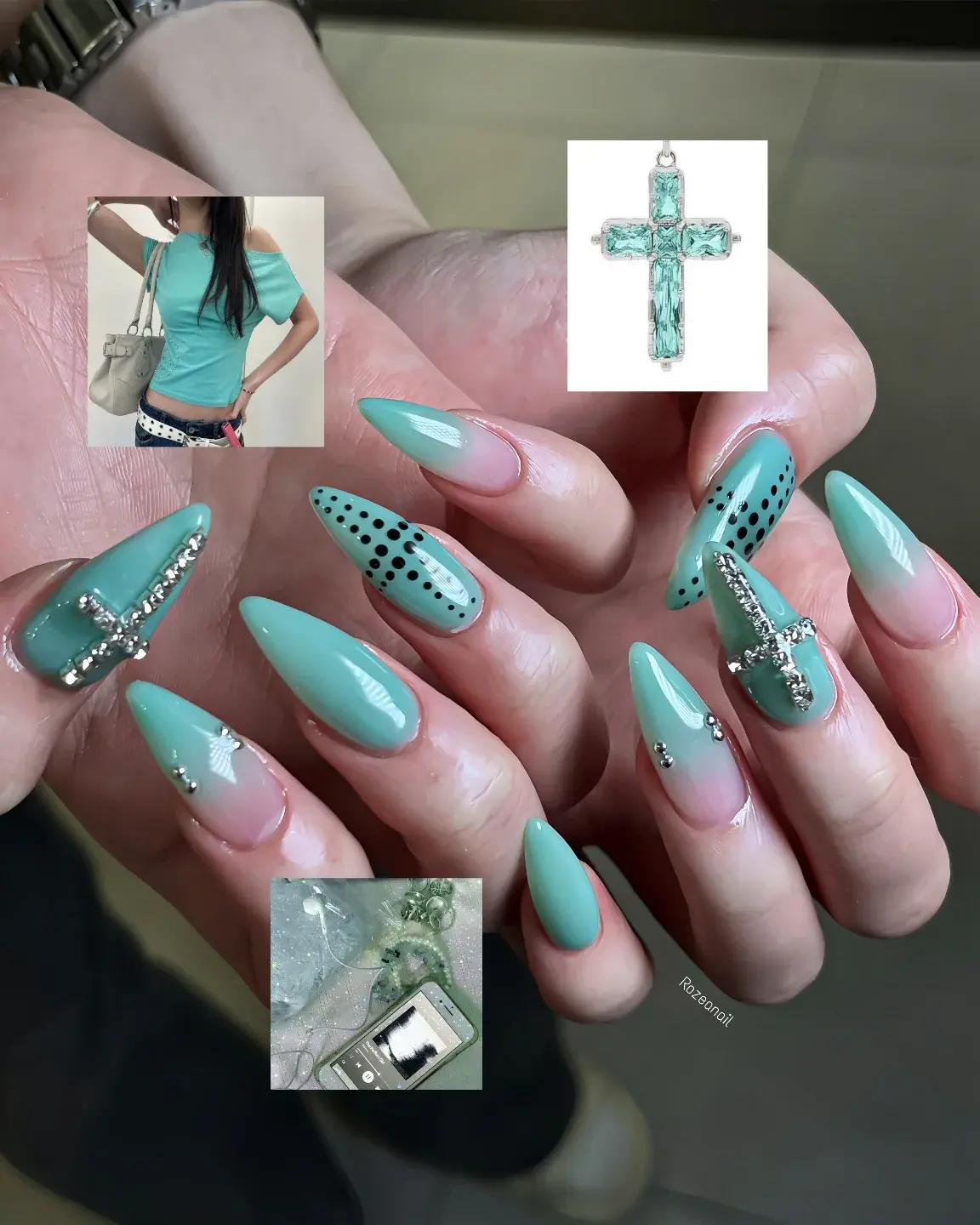 Mint Cross Press On Nails | Long Almond Handmade Nail Set | Rhinestone Y2K Nails | Luxury Reusable Press Ons