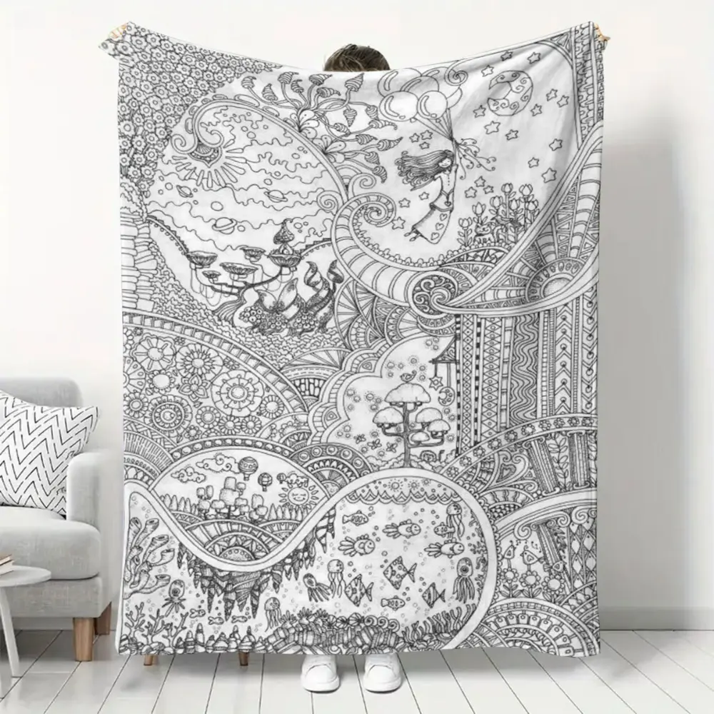 Whimsical Fantasy Landscape Coloring Book Style Blanket, Soft Flannel Throw Blanket with Black White Mushroom Garden Starry Sky Doodle Print, Cozy Gift for Kids Girls Teens and Art Lovers, Magical Room Decor for Bed Couch Sofa Dorm, Lightweight Blanket