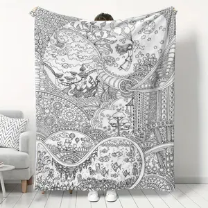 Whimsical Fantasy Landscape Coloring Book Style Blanket, Soft Flannel Throw Blanket with Black White Mushroom Garden Starry Sky Doodle Print, Cozy Gift for Kids Girls Teens and Art Lovers, Magical Room Decor for Bed Couch Sofa Dorm, Lightweight Blanket