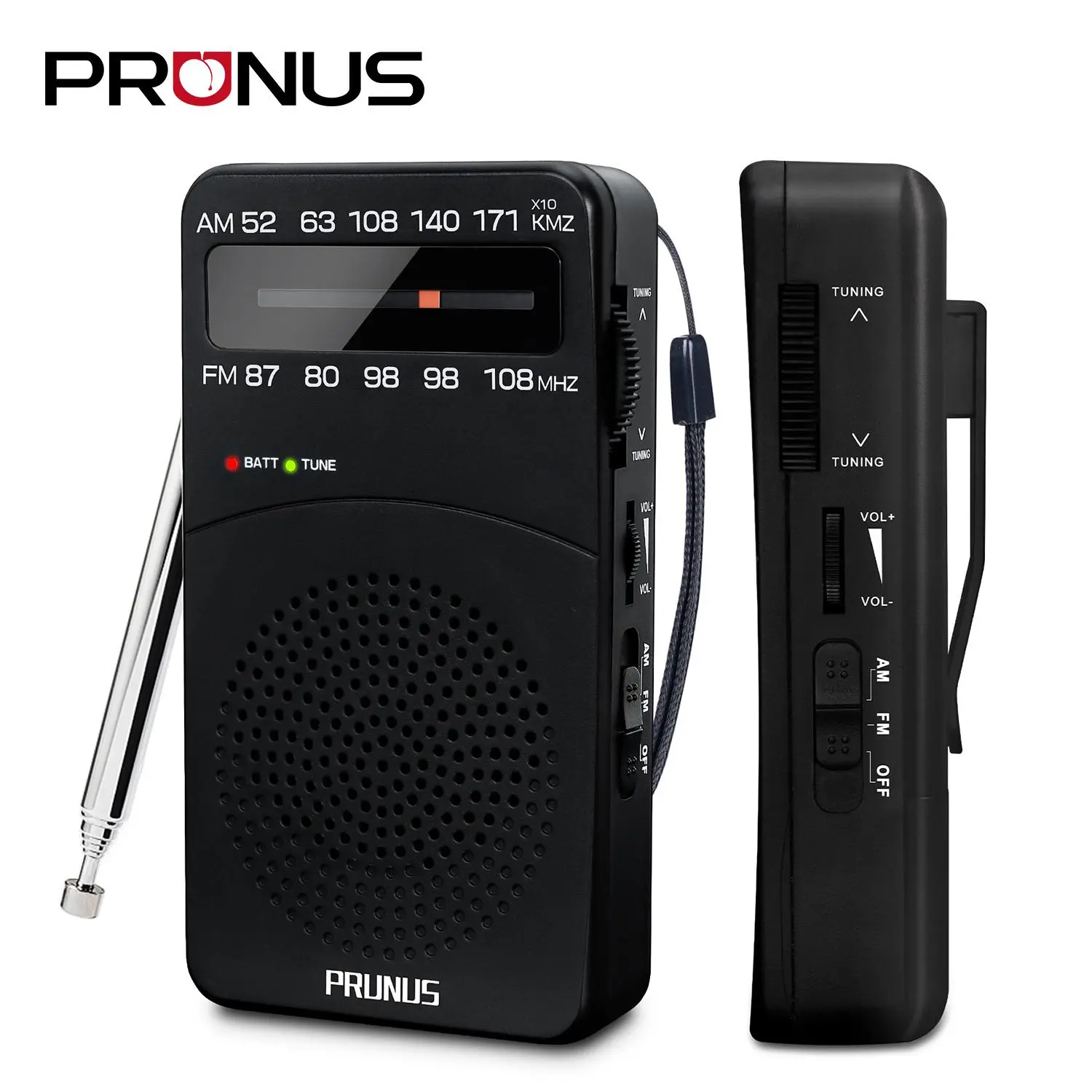 PRUNUS J-166 Portable Radio AM FM, Battery Operated Radio | Tuning Light, Back Clip, Layard, Excellent Reception, AM FM Radios Portable, Transistor Radios