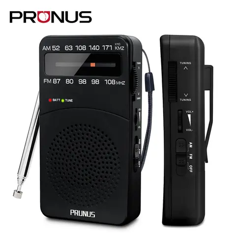 PRUNUS J-166 Portable AM FM Transistor Radio - 119g, 69*128*28mm, AA Battery Operated Audio Device with Adjustable Antenna, Tuning Light, Back Clip, Lanyard, 3.5mm Jack, Excellent Reception