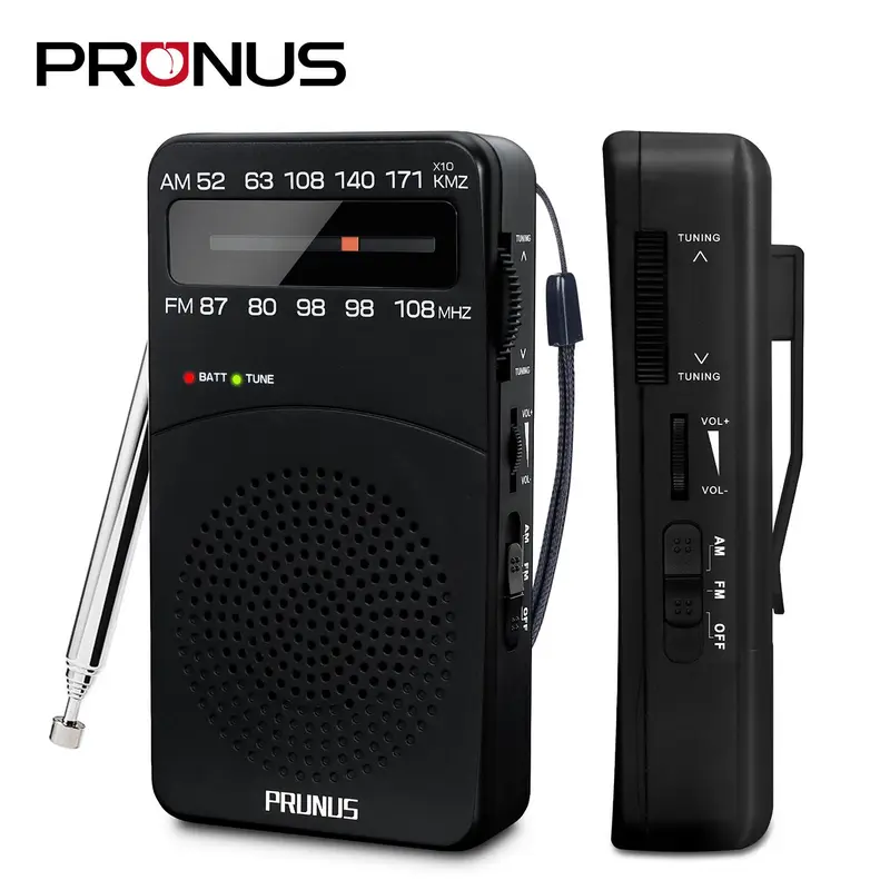 PRUNUS J-166 Portable AM FM Transistor Radio - 119g, 69*128*28mm, AA Battery Operated Audio Device with Adjustable Antenna, Tuning Light, Back Clip, Lanyard, 3.5mm Jack, Excellent Reception