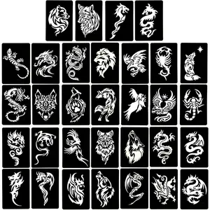 32 Patterns Temporary Tattoo Stencils - 4 Large A4 Sheets Animal Tribal Tattoo Stencil Kit for Men Women - Reusable Henna Stencils for Body Art, Dragon Wolf Scorpion Designs for Glitter & Airbrush