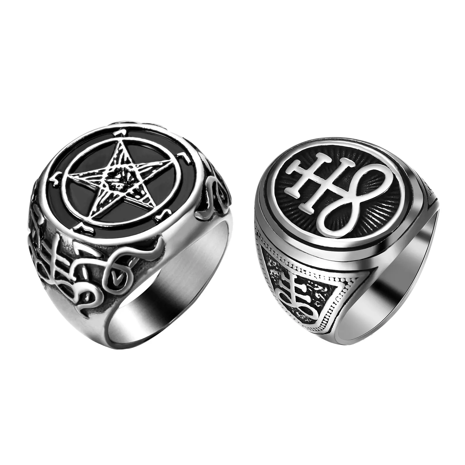 OIDEA Men's 2-Piece Punk Gothic Grunge Ring Set - Nickel-Free Stainless Steel with Metal Coating, Baphomet Sigil, Lucifer Sigil, Satan Seal, Pentagram Cross, Goat Head Biker Signet Rings, Male Daily Wear Satanic Talisman Amulet, Men's Jewelry Gift summerw