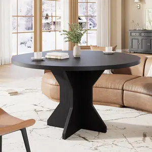 Round Dining Table Set for 4-6, Wooden Kitchen Table, 47 inch Modern Warm Dining Room Table, Dining Table for Dining, Kitchen, and Living Rooms, Easy to Assemble, Black