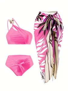 Three-Piece Set Women's Summer Swimsuit Set, Casual Beaded One Shoulder Swim Top & Swim Panty & Leaf Print Wrap Cover Up Skirt, 2024 Summer Swimsuit Set