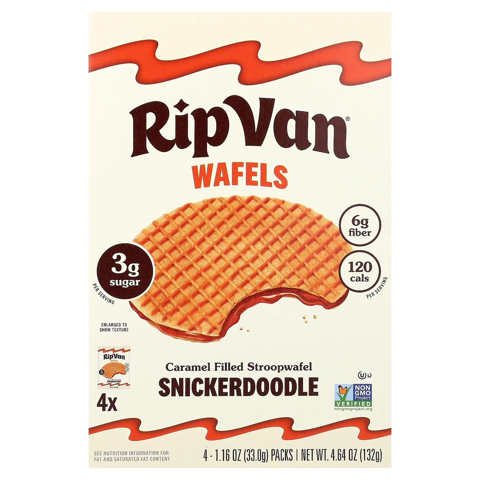 Rip Van Wafels Caramel Filled Stroopwafel, Snickerdoodle, 4 Packs, 1.16 oz (33 g) Each