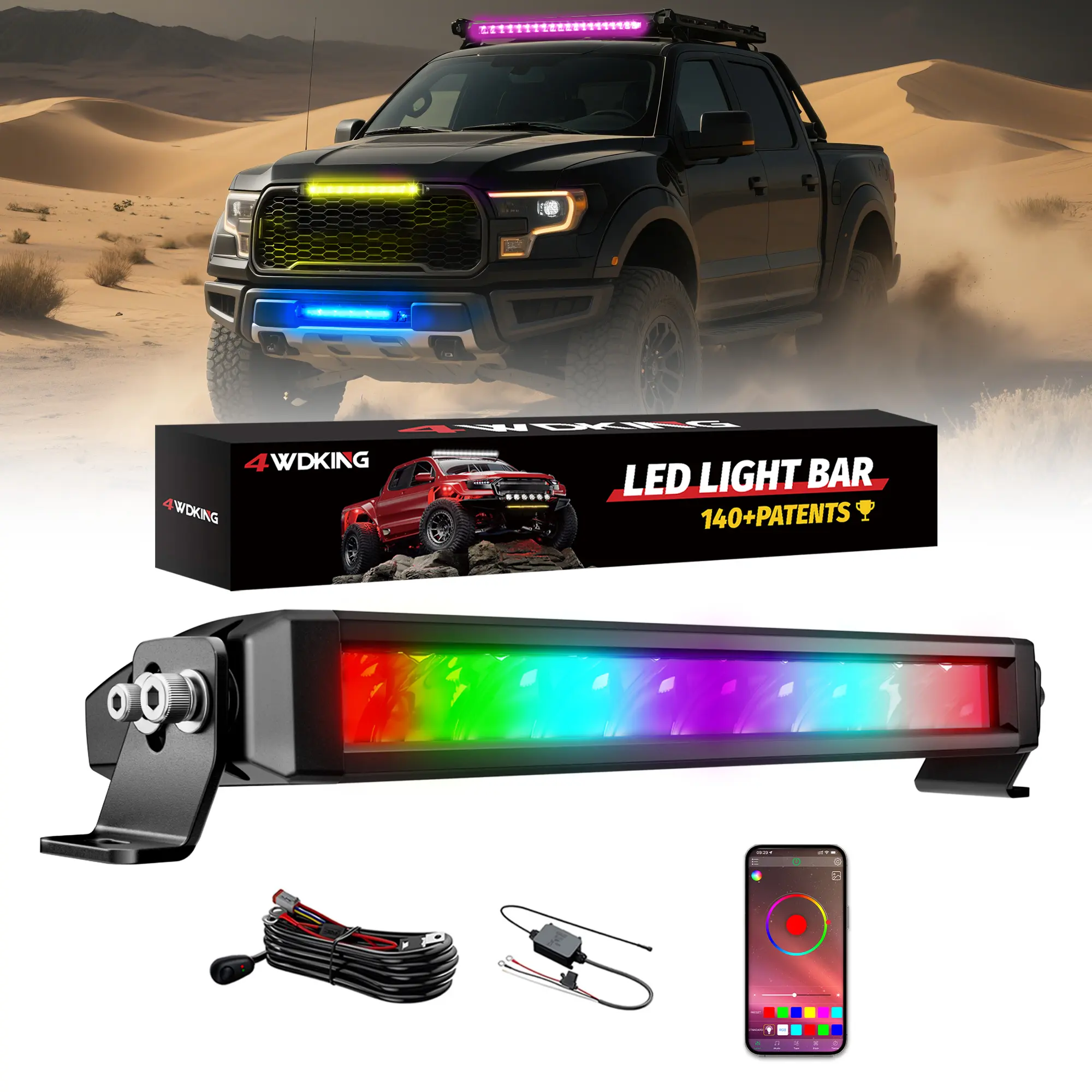 4WDKING RGB Offroad LED Lights Driving/Fog/Pod Lights LED Bar with APP Control for Trucks/Cars/Boat/ATV/UTV Super Bright IP68&IP69K Multi-Color Working Beam Lamp