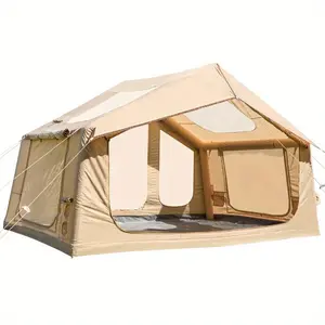 12'x8' Inflatable Camping Tent, 96 sq ft Air Tent, Outdoor Cabin Glamping Tent with Pump & Carrying Bag, Beige/Green Easy Setup Tents Instant Tent