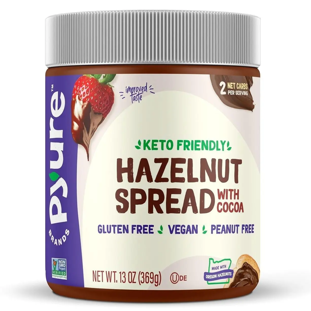Pyure Keto Hazelnut Chocolate Spread | Sugar-Free, Low Carb, Vegan Nutella Alternative | 2g Net Carbs, Gluten-Free, Peanut-Free, Plant-Based, Non-GMO, Keto Snack, Vegan Sweets | 13 oz Jar