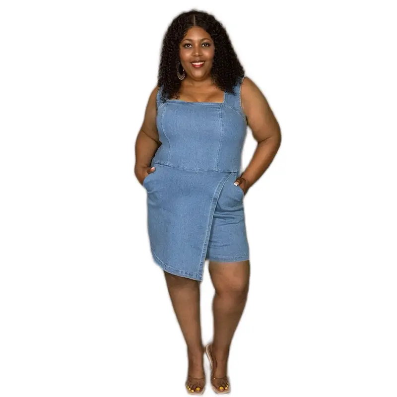 Cairo Plus Size Stretchy Denim Romper Skort Overlay with Pockets Back Zipper Closure  Jumpsuits Womenswear
