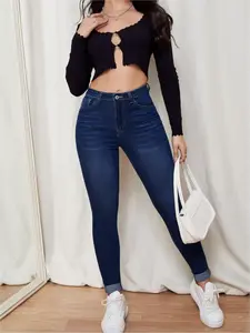 High-Waisted Dark Blue Tight Jeans, Soft Elastic Fabric, Casual Versatile Style, Women's Fashion Long Pants, Comfortable Fit