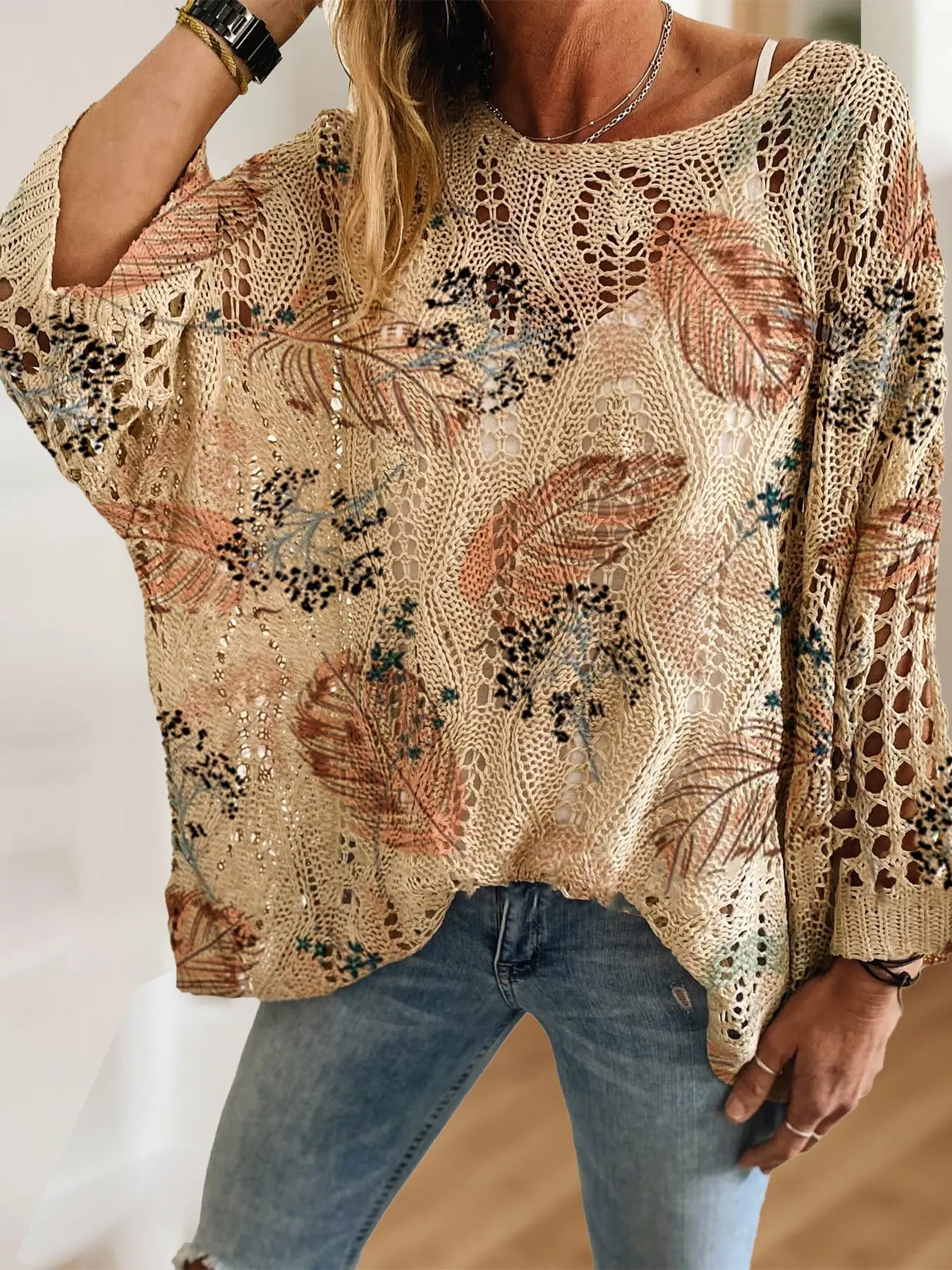 Women's Boho Feather Floral Knit Top, Round Neck Long Sleeve, Loose Batwing Shoulder Design, Casual Elegant Vacation Style