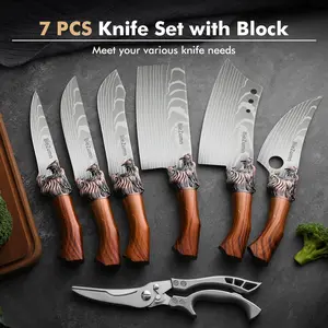 7 piece set, handmade forged professional chef knife set, stainless steel chef knives, multi-function knives, bone-clearing knives, fish cutting knives, butcher knives, kitchen scissors, ultra-sharp bone-clearing duck/fish scissors. Dragon Meat