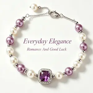 Fashion Daily Wear Evening Party Accessory Mixed Purple White Pearl Strand Bracelet Surrounded Pink Zircon Gemstone Flexible Adjustable Chain Bangle Trending Vintage Jewelry Gift Giving