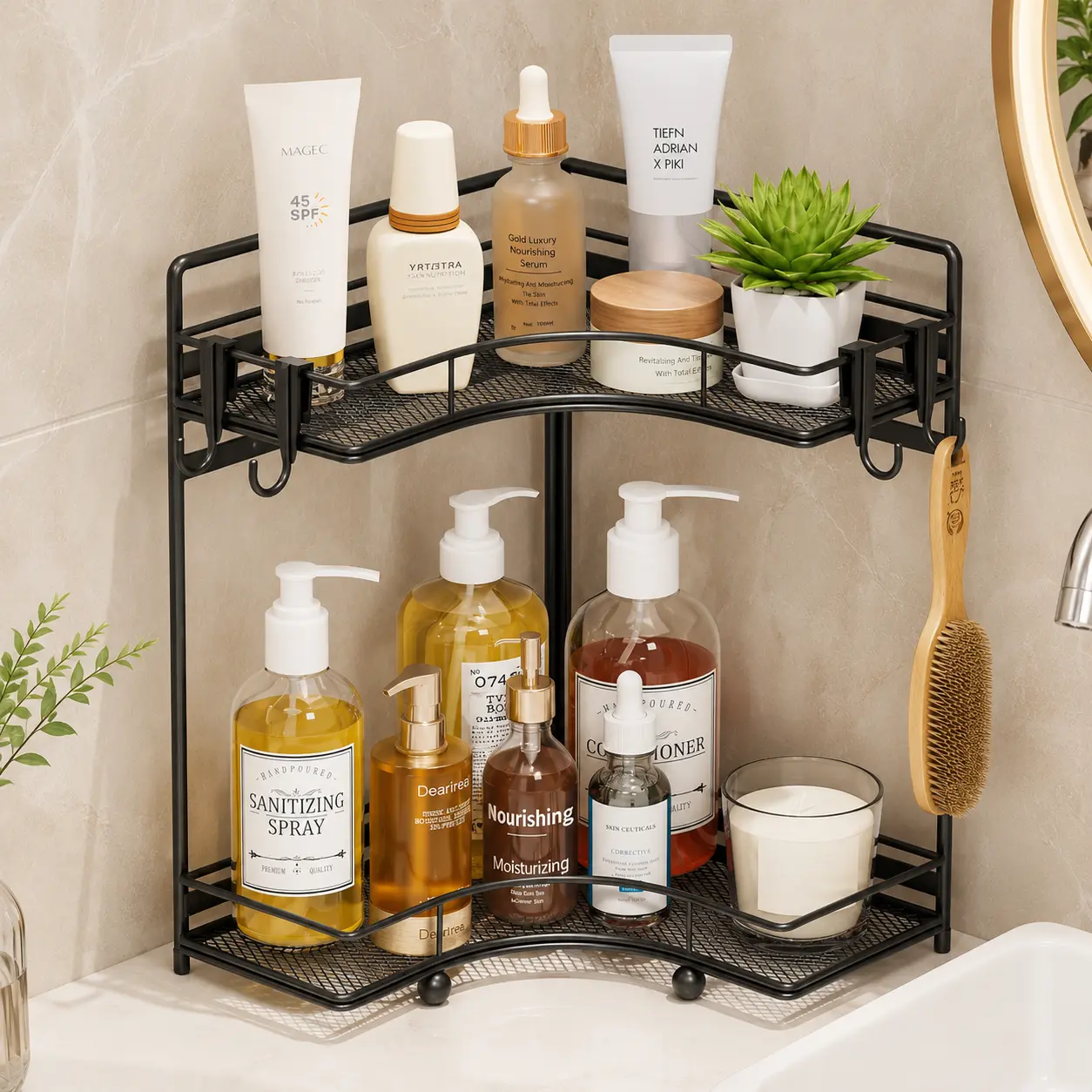 2-Tier Corner Bathroom Counter Organizer, Bathroom Countertop Organizer Storage for Sink, Metal Mesh Makeup Organizer for Vanity Countertop Kitchen with Hooks, Black