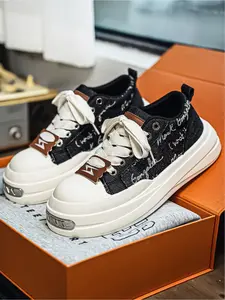 Men's Letter Print Thick Sole Canvas Shoes, Trendy Colorblock Casual Sneakers, Breathable Non-Slip Platform Elevated Versatile Low-Top Athletic Fashion Shoes