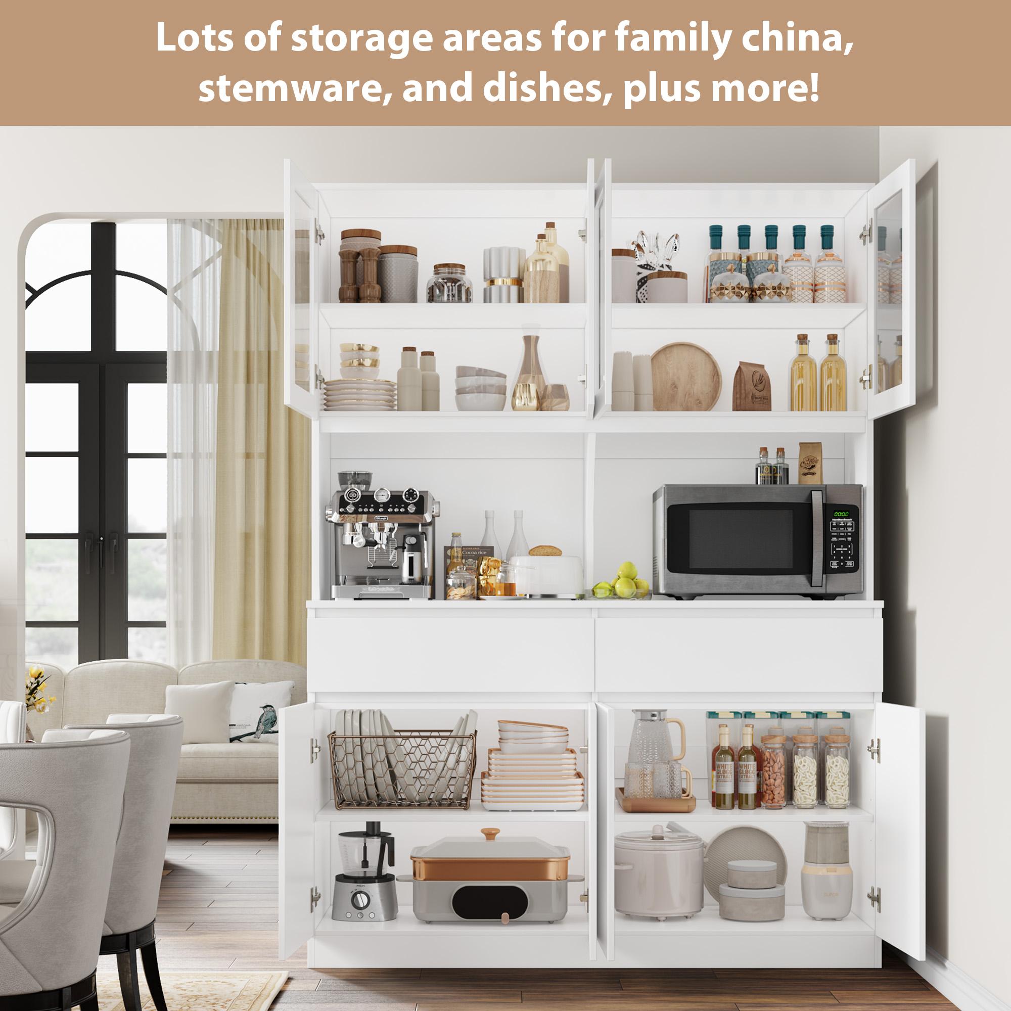 FOTOSOK  74.8" Tall Pantry Cabinet, 55.1" Wide Kitchen Pantry Cabinet  with 2 Drawers, Kitchen Hutch with Microwave Stand, Tall Storage Cabinet for Living Room, White