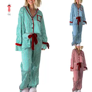Womens Striped Pajama Set Long Sleeve Button-up Crop Tops Bow Long Pants 2 Piece Sleepwear Outfit