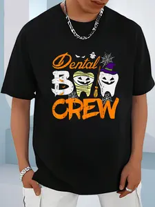 100% Cotton Unisex Halloween Dental Boo Crew Dentist Costume Teeth Women Men T-Shirt， men's autumn short-sleeved shirt, featuring maple leaf and Thanksgiving Halloween prints