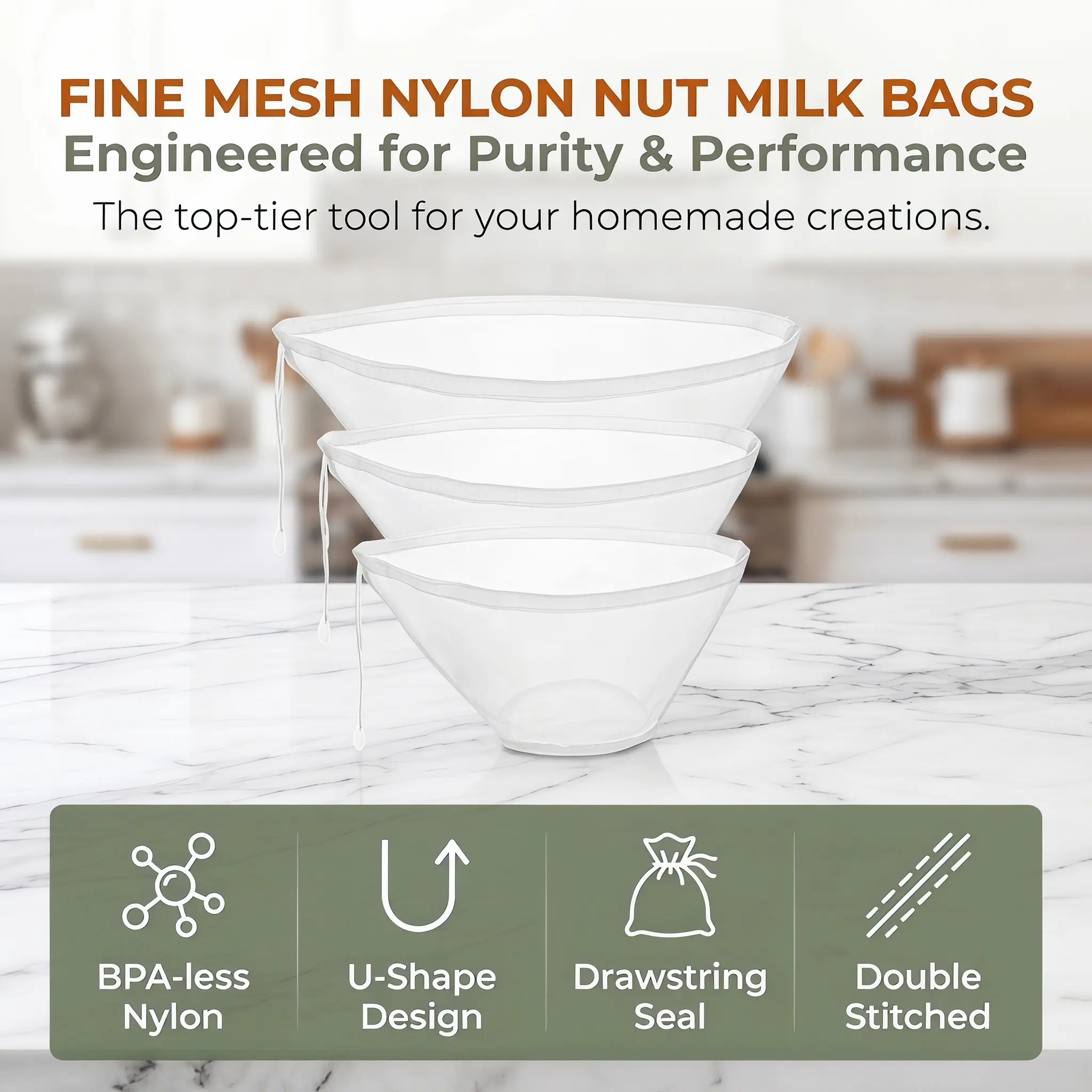 3PCS Bowl-Shaped Nylon Nut Milk Bags, Reusable Fine Mesh Kitchen Utensils Strainer - Cheesecloth Alternative for Almond Milk, Tea, Yogurt Filter-YY0