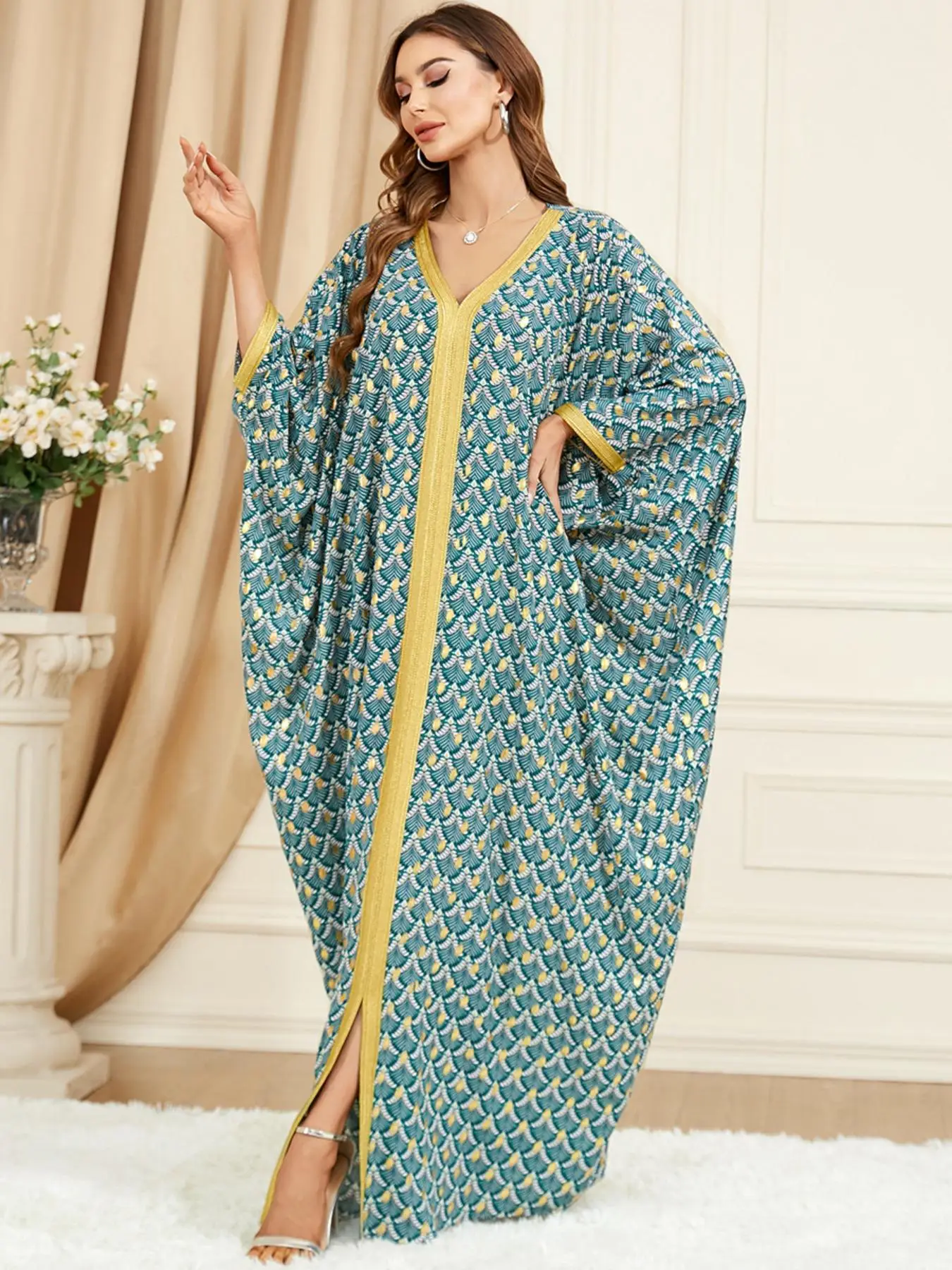 Arabic Clothing-All Over Print Contrast Binding Front Split V Neck Kaftan, Elegant Long Sleeve Batwing Sleeve Loose Dress For Women, Fashion Casual La