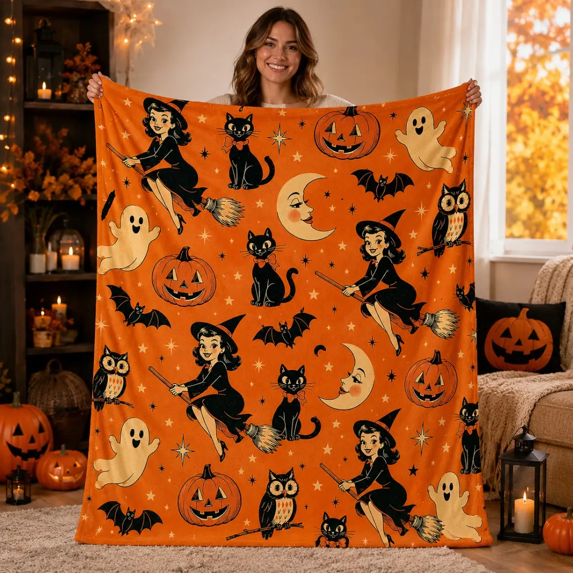 Halloween Witch Flannel Blanket, Retro 60s Flannel Throw Blanket, Soft Cozy Plush for Bed Sofa, Spooky Fall Room Decor, Christmas Gift