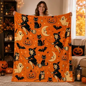 Halloween Witch Flannel Blanket, Retro 60s Flannel Throw Blanket, Soft Cozy Plush for Bed Sofa, Spooky Fall Room Decor, Christmas Gift