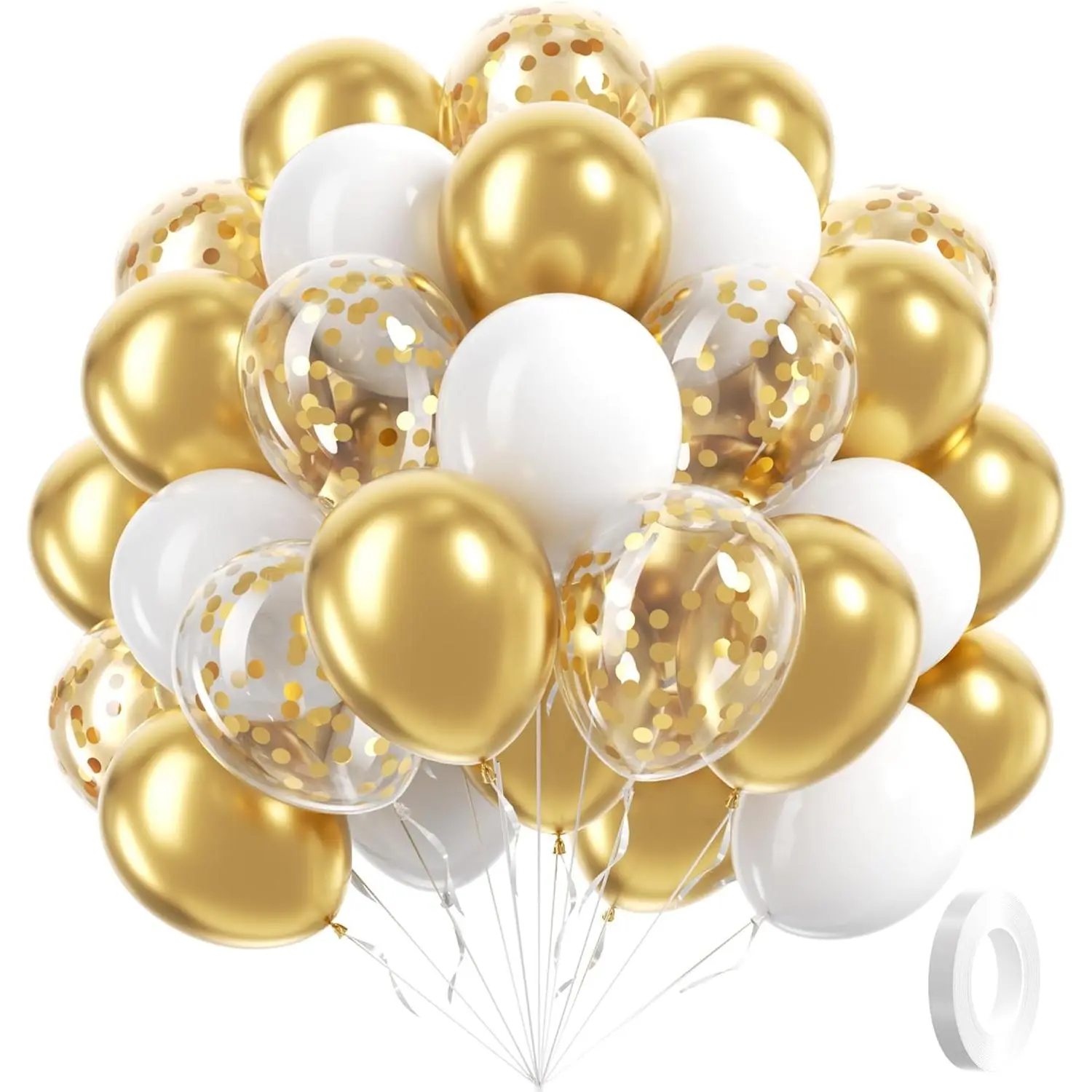 60pcs Gold and White Balloons 12inch, White and Gold Balloons with Metallic Gold Confetti Balloons for Graduation Wedding Engagement Birthday Party Decorations