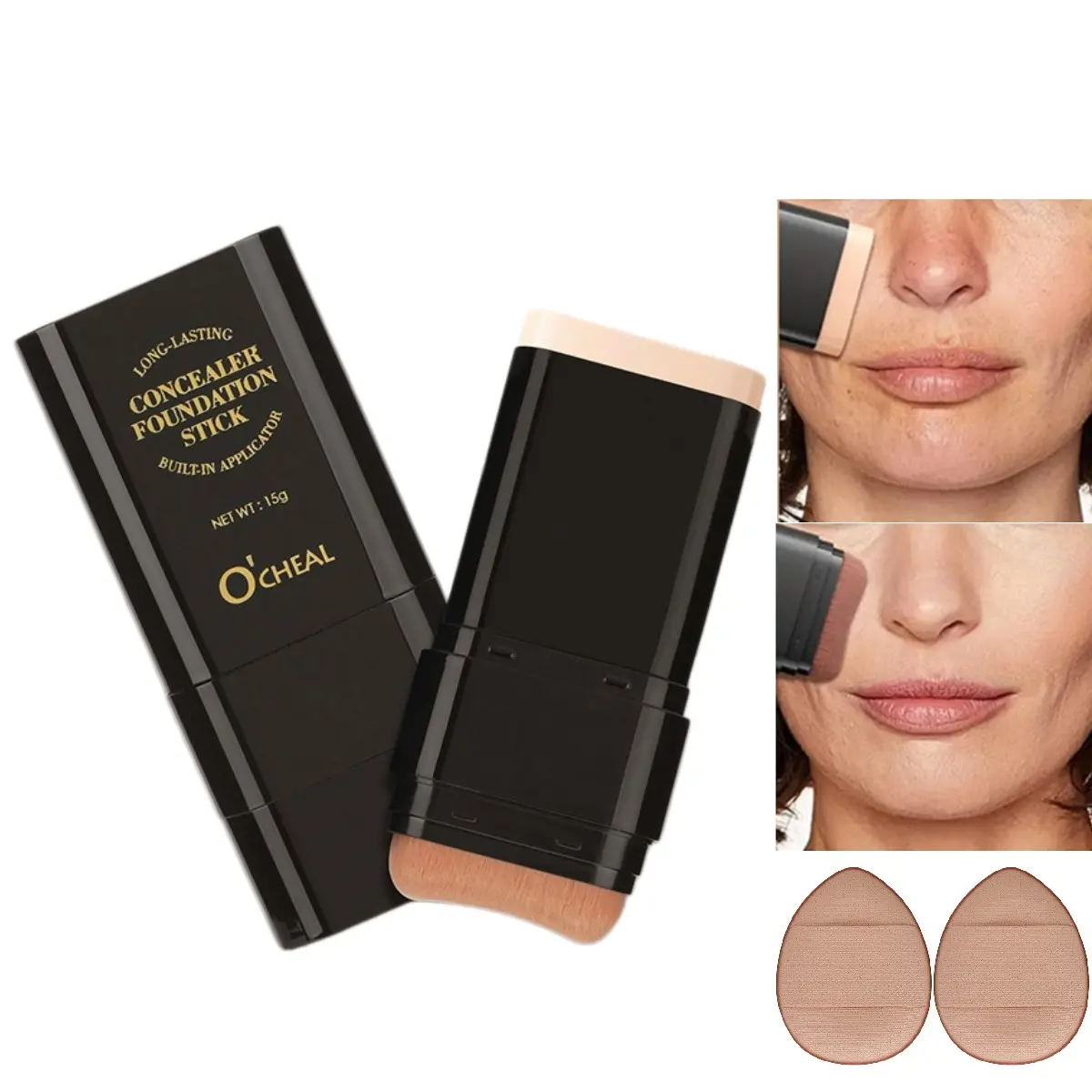2 in 1 Dual-End Concealer Foundation Hybrid Stick with Powder Puff, Buildable Makeup Coverage Concealer & Solid Foundation with Brush Head, Waterproof Matte Finish, Flawless Complexion Long Lasting Non-Fading Makeup